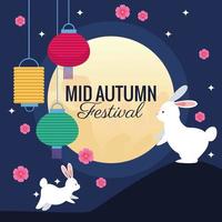 célébration du festival de la mi-automne avec couple de lapins et lanternes suspendues vecteur
