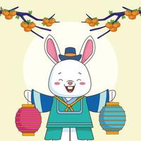 Bonne fête de chuseok avec des lampes de levage de lapin et des oranges dans l'arbre vecteur