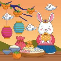 joyeuse fête de chuseok avec un cadeau de levage de lapin et de la nourriture vecteur