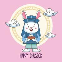 joyeuse fête de chuseok avec lapin soulevant des aliments sucrés et des nuages vecteur