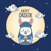 joyeuse fête de chuseok avec lapin soulevant des aliments sucrés en pleine lune vecteur