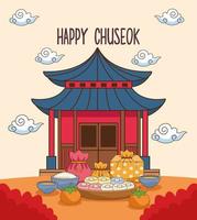 bonne fête de chuseok avec bâtiment chinois et nourriture vecteur
