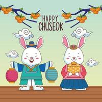 joyeuse fête de chuseok avec couple de lapins et branches d'arbres vecteur