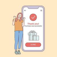 paiement en ligne et concept d'achat réussi fille femme se réjouit du succès et de la confirmation de la commande d'achat de choses et de biens dans une boutique en ligne sur smartphone vecteur