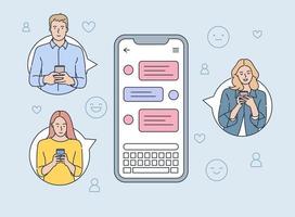 communication internet messagerie instantanée en ligne ou concept d'échange d'informations jeunes regardant sur des smartphones et discutant des garçons et des filles heureux parlant et tapant au téléphone vecteur