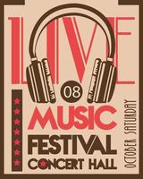 affiche du festival de musique avec casque audio en arrière-plan vintage vecteur