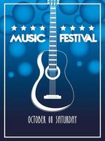 affiche du festival de musique avec instrument acoustique de guitare sur fond bleu vecteur