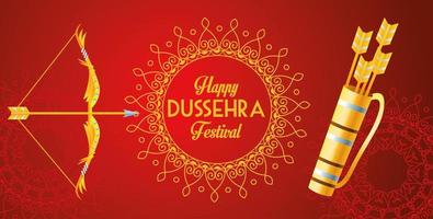 affiche du festival dussehra heureux avec sac arc et flèches sur fond rouge vecteur