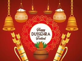 affiche du festival de dussehra heureux avec des cloches suspendues et des sacs de flèches vecteur