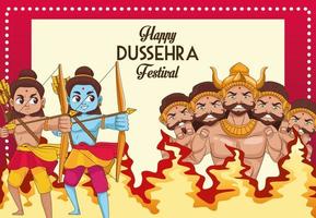 affiche du joyeux festival de dussehra avec deux personnages de rama et dix personnages de ravana vecteur