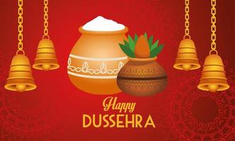 affiche du joyeux festival de dussehra avec des cloches suspendues et des plantes d'intérieur vecteur