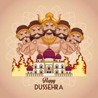 affiche du festival dussehra heureux avec ravana à dix têtes et bâtiment de la mosquée vecteur