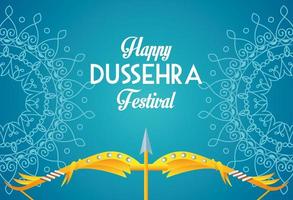 affiche du festival de dussehra heureux avec arc et mandalas sur fond bleu vecteur
