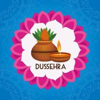 affiche du festival dussehra heureux avec plante d'intérieur et bougie au mandala vecteur