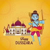 affiche du festival dussehra heureux avec personnage de rama bleu et bâtiment de la mosquée vecteur