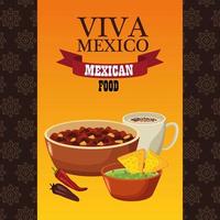 lettrage viva mexico et affiche de cuisine mexicaine avec haricots frits et nachos vecteur