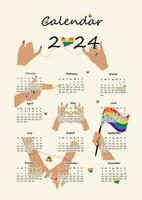 2024 calendrier conception avec lgbt symbole. main tiré calendrier planificateur annuel organisateur. vecteur illustration.