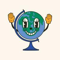 Terre globe comme école article 30s dessin animé mascotte personnage 40 ans, 50 ans, Années 60 vieux animation style. dessin animé de bonne humeur école mascotte vecteur