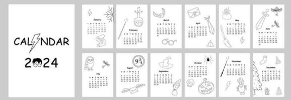 2024 calendrier conception. main tiré griffonnage la magie calendrier planificateur minimal style, annuel organisateur. vecteur illustration. Couleur noir et blanc