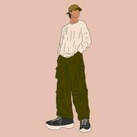 rue mode Hommes vecteur illustration. Jeune homme dans une à la mode vêtements militaire style Années 90 années 2000 dans plein croissance posant.