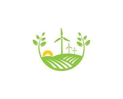 éco énergie vent turbines logo conception avec Soleil et champ symbole vecteur icône.