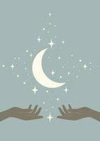 vecteur illustration de Jeune lune et étoiles mystique affiche. extérieur espace avec mains