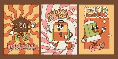 ensemble de retour à école a4 affiches modèle dans Années 70-80 rainure style avec rétro dessin animé papeterie personnages. premier journée de école fête cartes. vecteur rétro illustration avec inspirant texte.