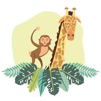 singe et girafe animal sauvage dans la jungle vecteur