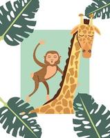 singe et girafe animal sauvage avec des feuilles vecteur