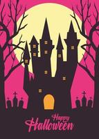 Happy Halloween card avec château hanté en silhouette de cimetière vecteur