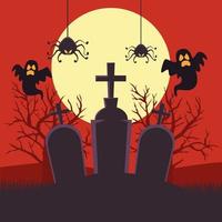 carte d'halloween heureuse avec des fantômes et des araignées dans la scène nocturne du cimetière vecteur