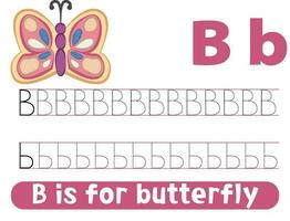 tracé alphabet lettre b avec mignonne papillon. feuille de travail pour les enfants. vecteur