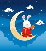 carte de célébration de la mi-automne avec lapin dans la scène du croissant de lune vecteur