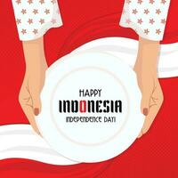 content Indonésie indépendance journée carré affiche avec mains en portant assiette ou signe vecteur