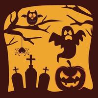 joyeux halloween carte avec citrouille et fantômes flottant dans le cimetière vecteur