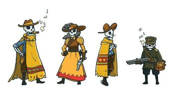 vecteur illustration squelette cow-boy collection ensemble dans main tiré dessin animé style