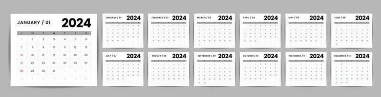 mensuel bureau calendrier modèle pour 2024 an. la semaine départs sur dimanche. mur calendrier 2024 dans une minimaliste style, ensemble de 12 mois, planificateur, impression modèle, Bureau organisateur vecteur. vecteur