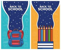 lettrage de retour à l'école avec cartable et crayons de couleurs vecteur