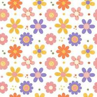 Années 1970 rétro style Marguerite fleurs sans couture modèle dans jaune, rouge, rose et violet couleurs. plat granuleux texturé vecteur illustration. années soixante-dix style, sensationnel arrière-plan, hippie esthétique.