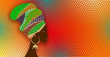bannière de magnifique africain femme dans traditionnel turban tribal motifs, kente tête envelopper, africain traditionnel noir femmes vecteur silhouette isolé sur coloré demi-teinte africain impression en tissu Contexte
