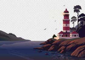 phare vecteur paysage. magnifique mer paysage avec une balise sur le falaise sur transparent Contexte. vecteur illustration dans plat dessin animé style