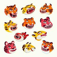 tigre vecteur têtes ensemble, dessin animé tigre marrant visages sur blanc Contexte. biologique plat style vecteur illustration..