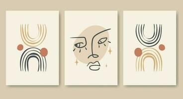 abstrait femme visage un ligne dessin illustration ensemble. griffonnage portrait et arches vecteur