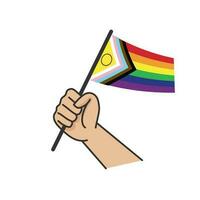 main en portant lgbt arc en ciel drapeau. dessin animé bras griffonnage en portant fierté symbole. le sexe la diversité représentation. vecteur