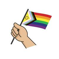 main en portant lgbt arc en ciel drapeau. dessin animé bras griffonnage en portant fierté symbole. le sexe la diversité représentation. vecteur