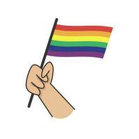 main en portant lgbt arc en ciel drapeau. dessin animé bras griffonnage en portant fierté symbole. le sexe la diversité représentation. vecteur