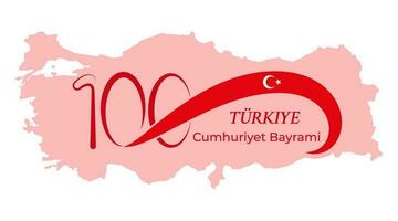 turkiye, cumhuriyet bayami. Traduction - Turquie, république journée. 100 ans anniversaire de turc république. nationale la victoire journée. festivité carte avec nombre 100, le turc drapeau et carte silhouette vecteur