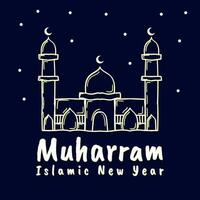 islamique Nouveau année salutation carte conception avec main tiré style mosquée sur nuit Contexte vecteur