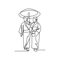 un continu ligne dessin de gens en utilisant le traditionnel vêtements. asiatique traditionnel vêtements concept dans Facile linéaire style. mode et beauté concept vecteur illustration