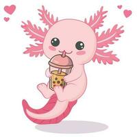 kawaii axolotl en buvant boba Lait thé dessin animé vecteur illustration